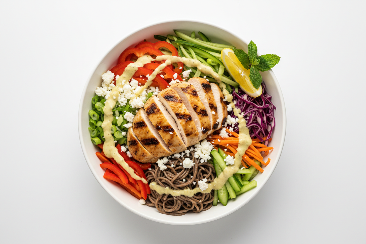 Grilled Chicekn Bowl With Soba Noodles, Veggies, Feta, Lemon Miso Tahini, white background, white bowl 