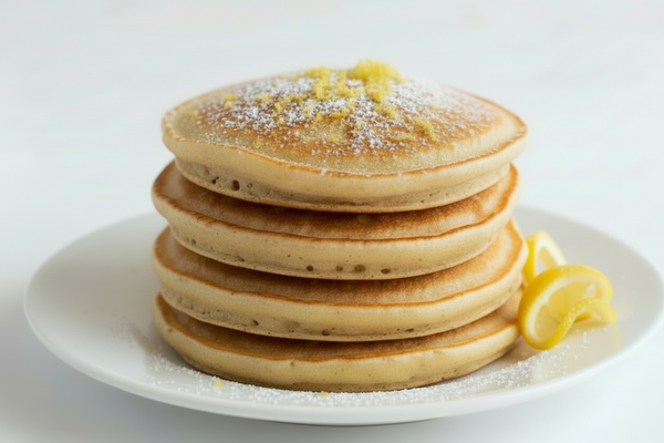 Lemon Ricotta Pancakes Oat flour, Ricotta cheese (part-skim), Whole egg, Egg whites, Vanilla protein powder, Almond milk, Lemon juice, Lemon zest, Baking powder, Vanilla extract, Salt.: make it look real, and put in a white plate and white background