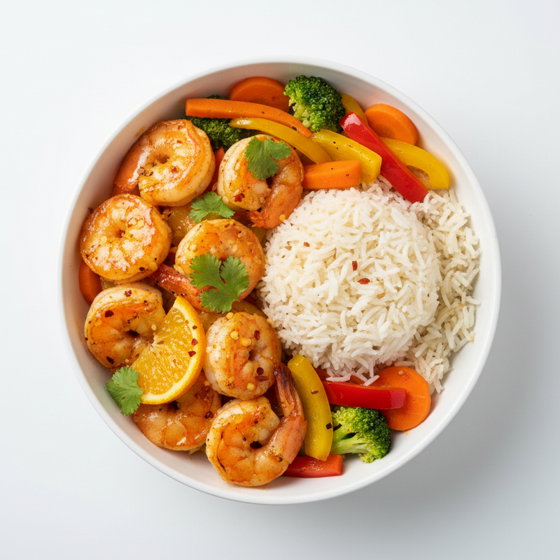 Spicy citrus honey shrimp served with basmati rice and mixed vegetables. White bowl & white background cooked 