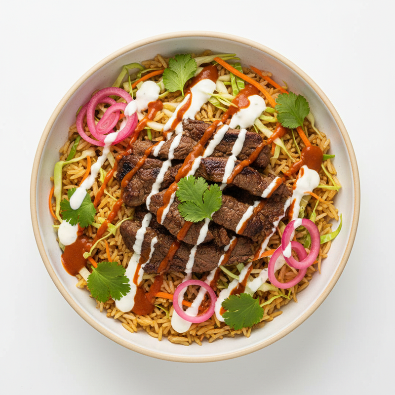 White background & White Bowl: Fragrant orange-infused basmati rice topped with tender halal beef shawarma, crisp cabbage and carrots, fresh cilantro, and tangy pickled red onions, drizzled with a creamy white sauce made from Greek yogurt, sour cream, garlic, lemon juice, and avocado oil, then finished with a bold buffalo sauce for the perfect balance of heat and freshness.