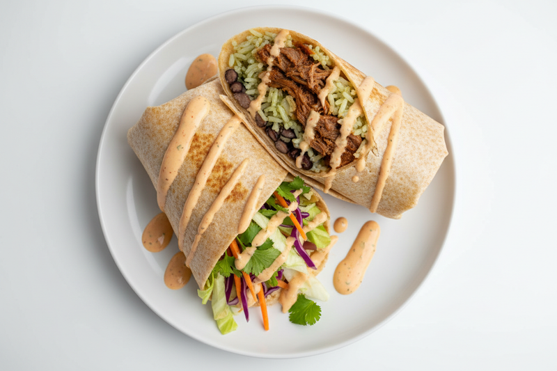 WHite plate & White Background : Whole wheat tortilla packed with tender chipotle-braised beef, fluffy cilantro-lime basmati rice, and seasoned black beans, layered with shredded mozzarella, a fresh crunch of green cabbage, red cabbage, carrots, and cilantro, then finished with our bold, creamy Santa Fe sauce for a smoky, Southwest-style bite.
